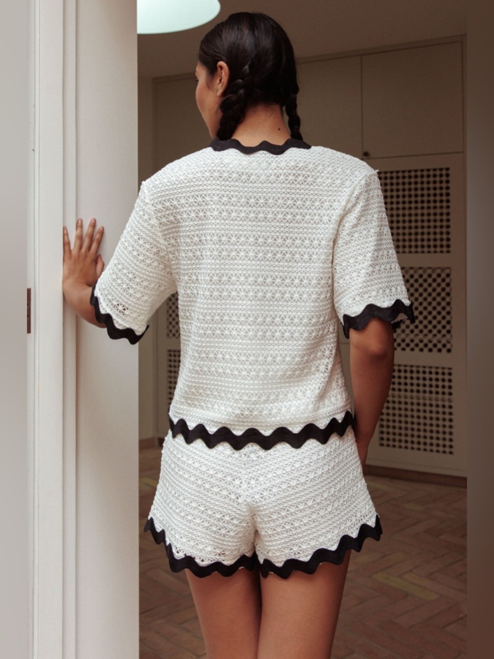 White Crochet Rick-Rack Scallop-Trim Top & Shorts Set - Women - Picture 3 of 3